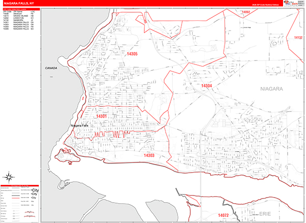 Niagara Falls City Wall Map Red Line Style
